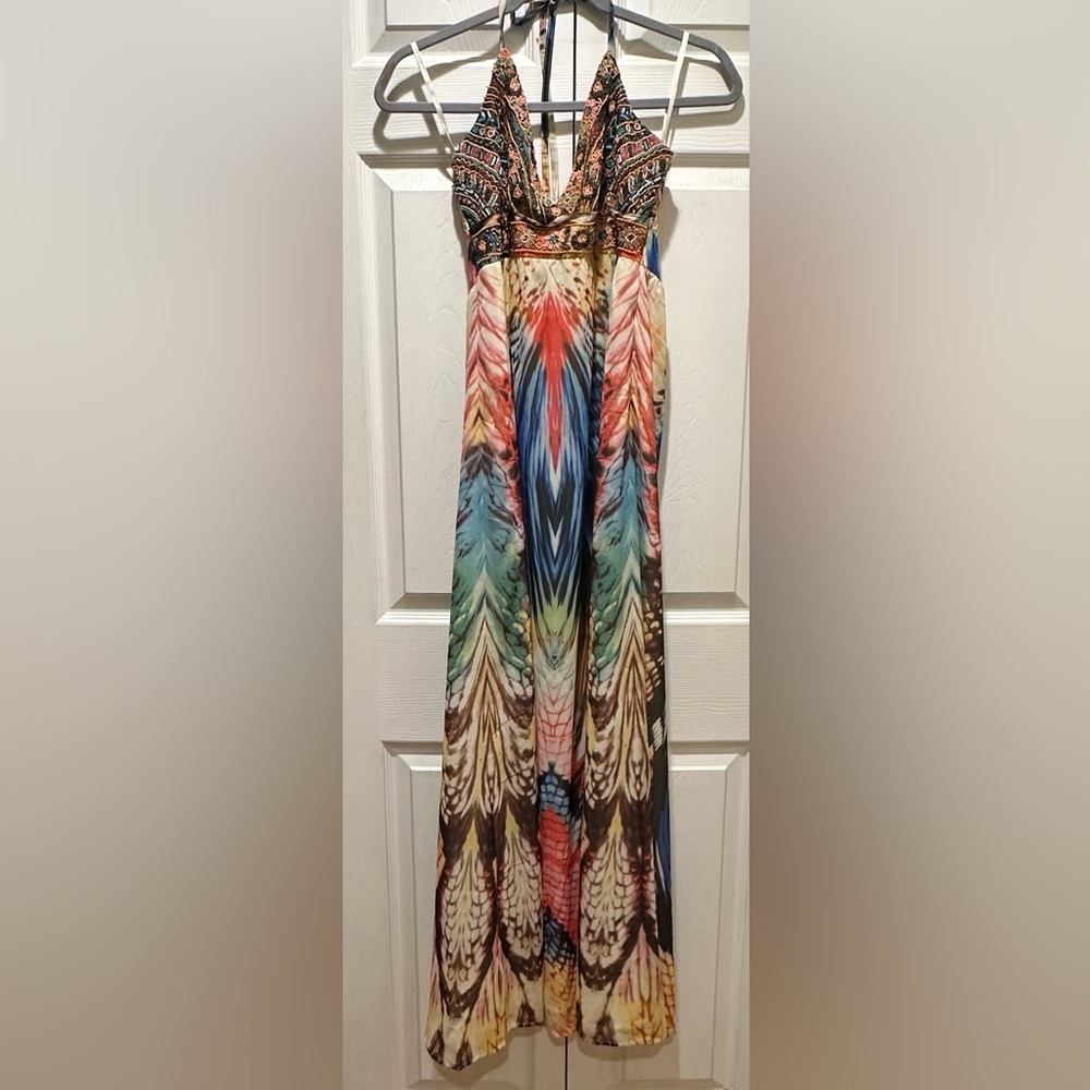 Boston Proper Multicolor Butterfly Print Beaded Halter Pretty Wings Maxi Dress